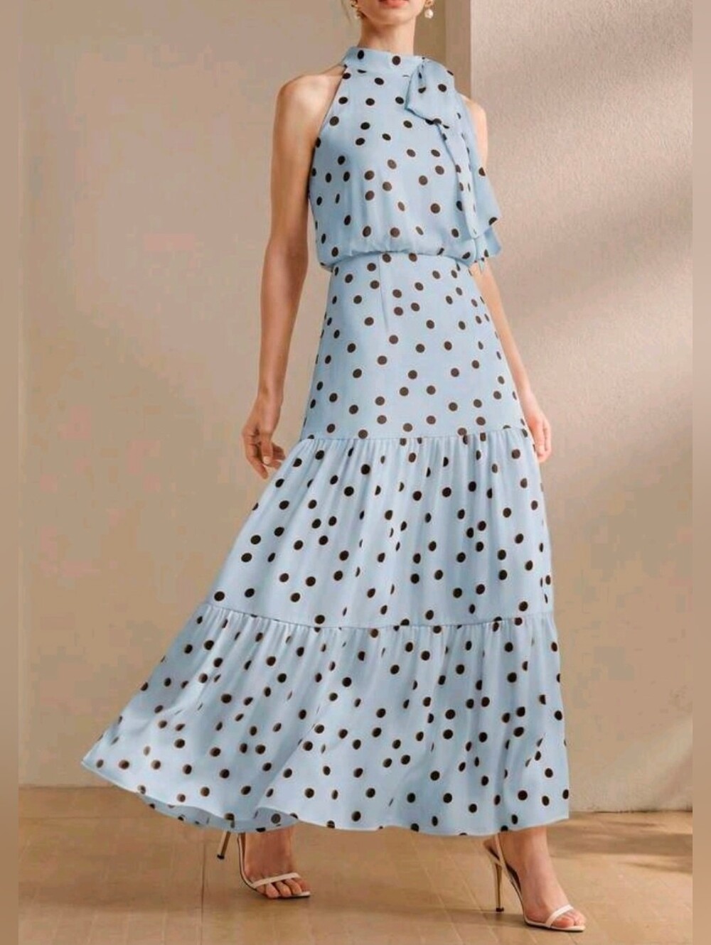 New Flowy Tie Neck Polka Dot Tiered Halter Maxi Dress Blue